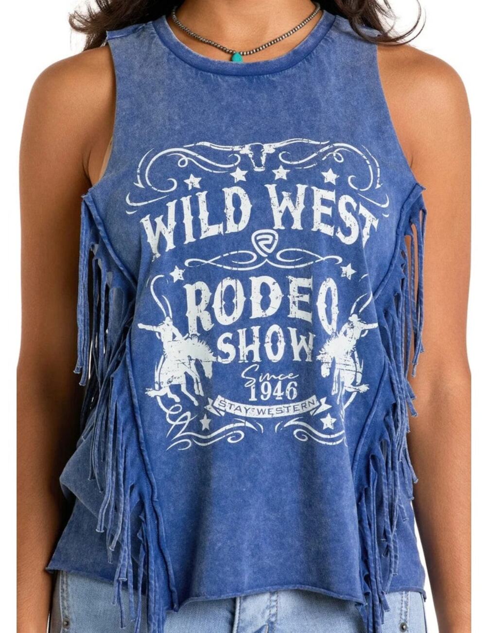 NWT Rock & Roll Denim women's Blue xs Wild West Tank w/fringe